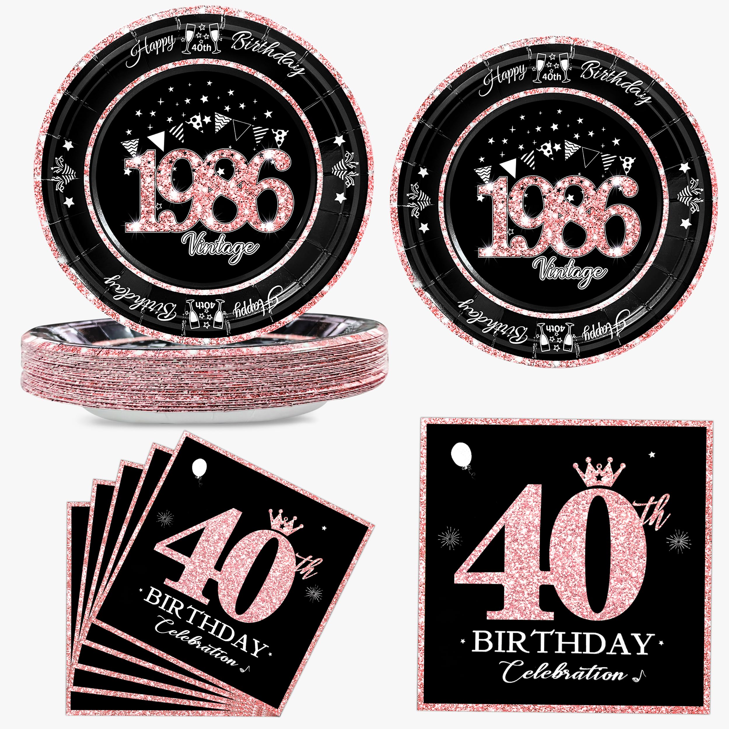 algpty 60 PCS Vintage 40th Birthday Plates and Napkins Set, 40th Birthday Decorations Rose Gold, Service for 30, 1986 Birthday Dessert Plates and