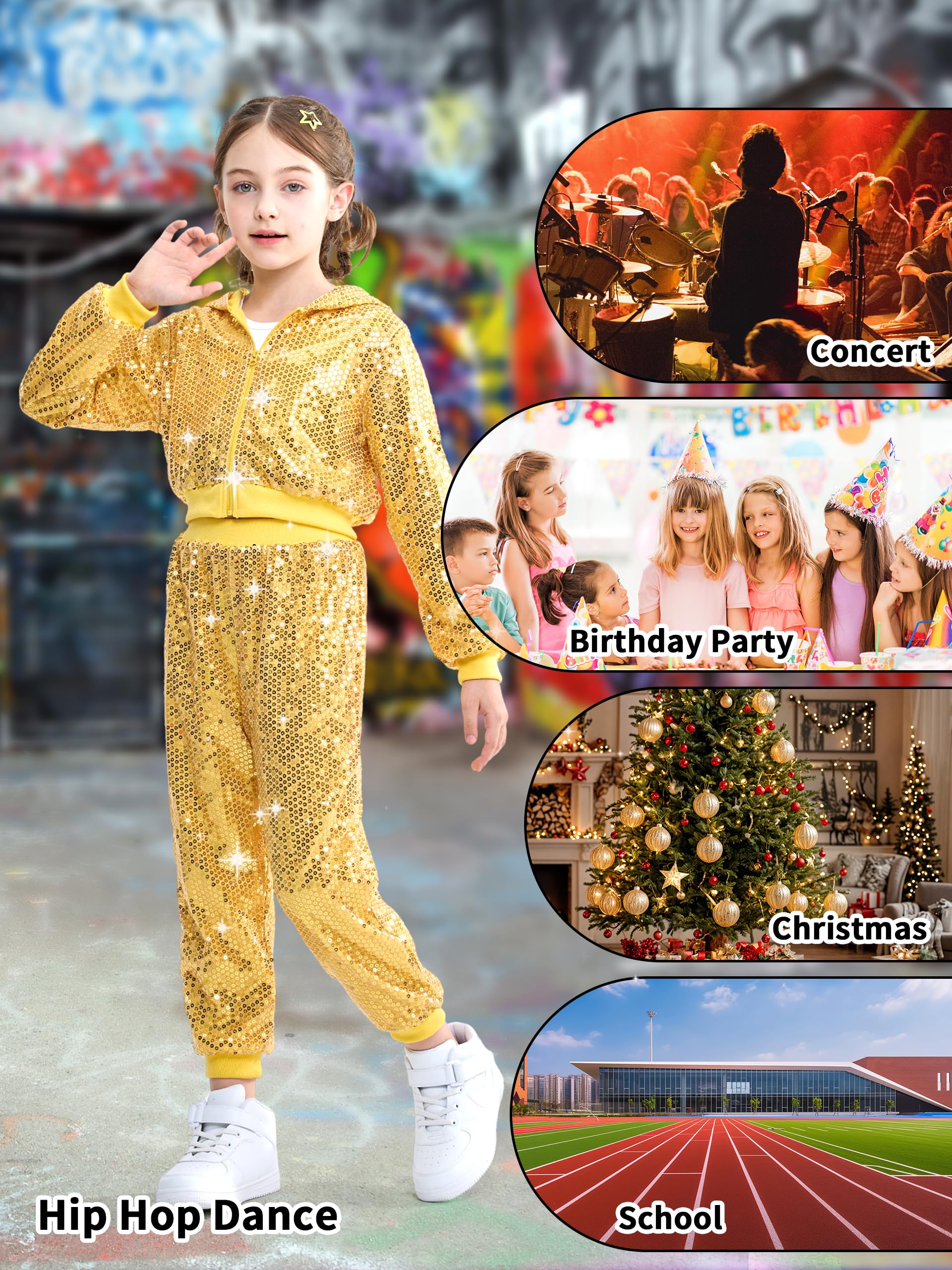 LOLANTA Set di 2 abiti da danza per ragazze, con giacca e pantaloni corti con paillettes, costumi da danza hip hop per bambini per feste anni '80 e '90, 5-15 anni