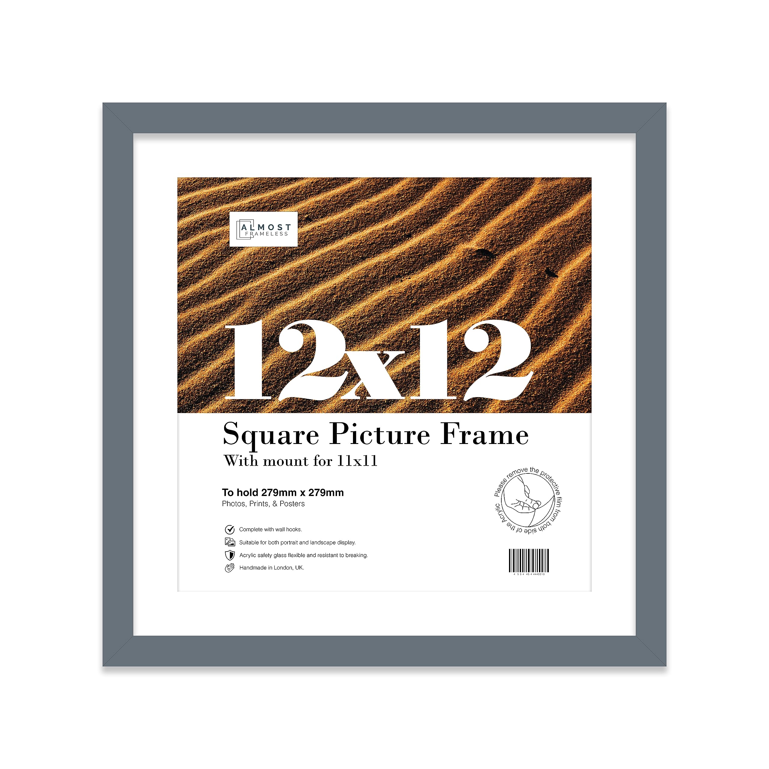Almost Frameless 12x12 Picture Frame, Display Pictures 11x11 With Mat or 12x12 Without Mat, Wall Hanging Photo Frame, Grey, 1 Pack