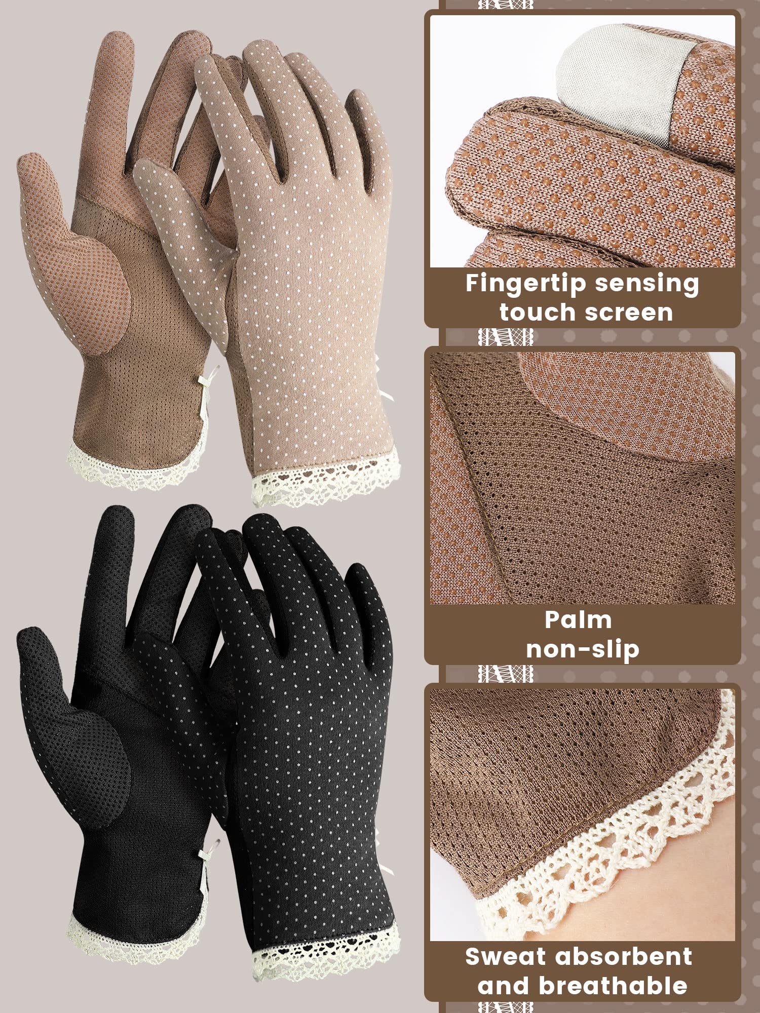 Geyoga 2 Paires de Gants de Conduite Anti-UV d'Été en Coton Fin - Protection Solaire Respirante pour Femme, Cyclisme, Randonnée - Café, Noir