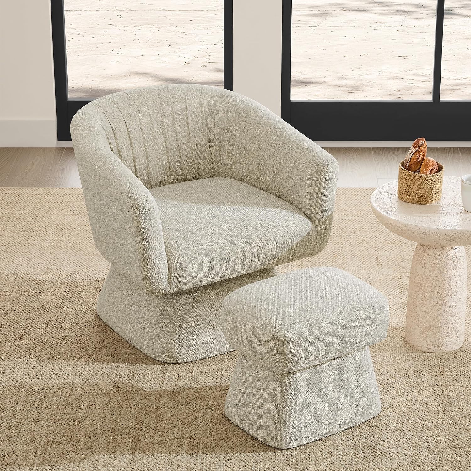Zerel's Home Pleated Swivel Chair with Ottoman, Sand Boucle - Image 1