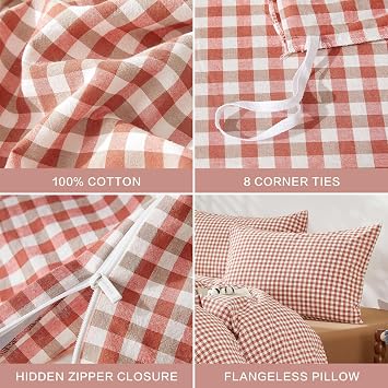 SAPHREAS Brick Red Gingham Duvet Cover Set 100% Washed Cotton Single Size 2Pcs Check Modern Grid Bedding Soft Plaid 1 Yarn-dyed Duvet Quilt Cover with Zipper 1 Pillowcase, Duvet Insert Not Included
