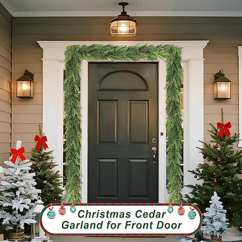 Miniatura 7 de Guirnalda de cedro de Navidad de 9 pies, gruesas guirnaldas verdes de ciprés, guirnaldas de pino de tacto real, guirnaldas realistas de Navidad para