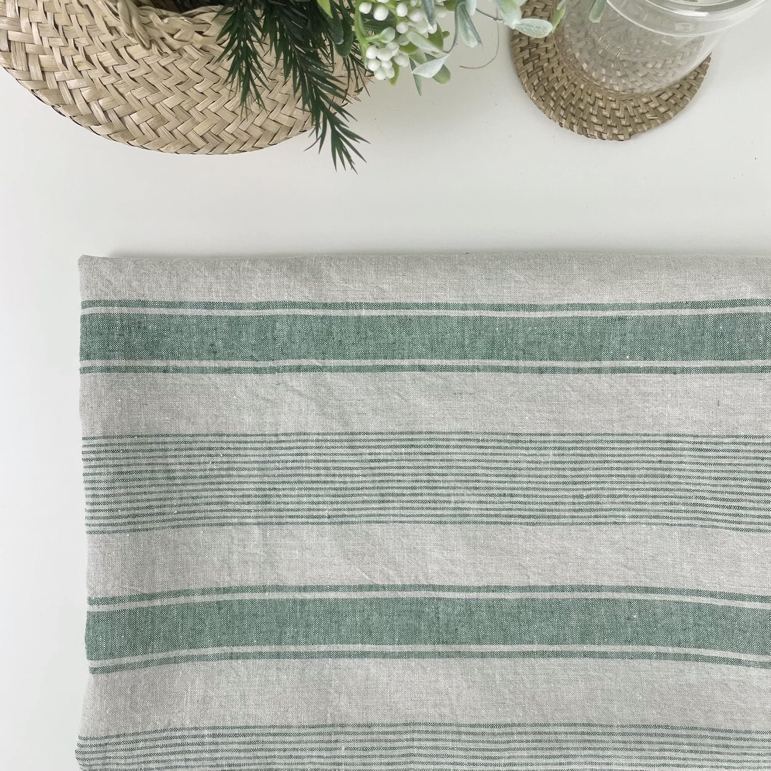 Classic Blue Pure Linen Stripe Fabric | Premium Quality, Breathable, and Durable Textile for Home Decor & Crafting
