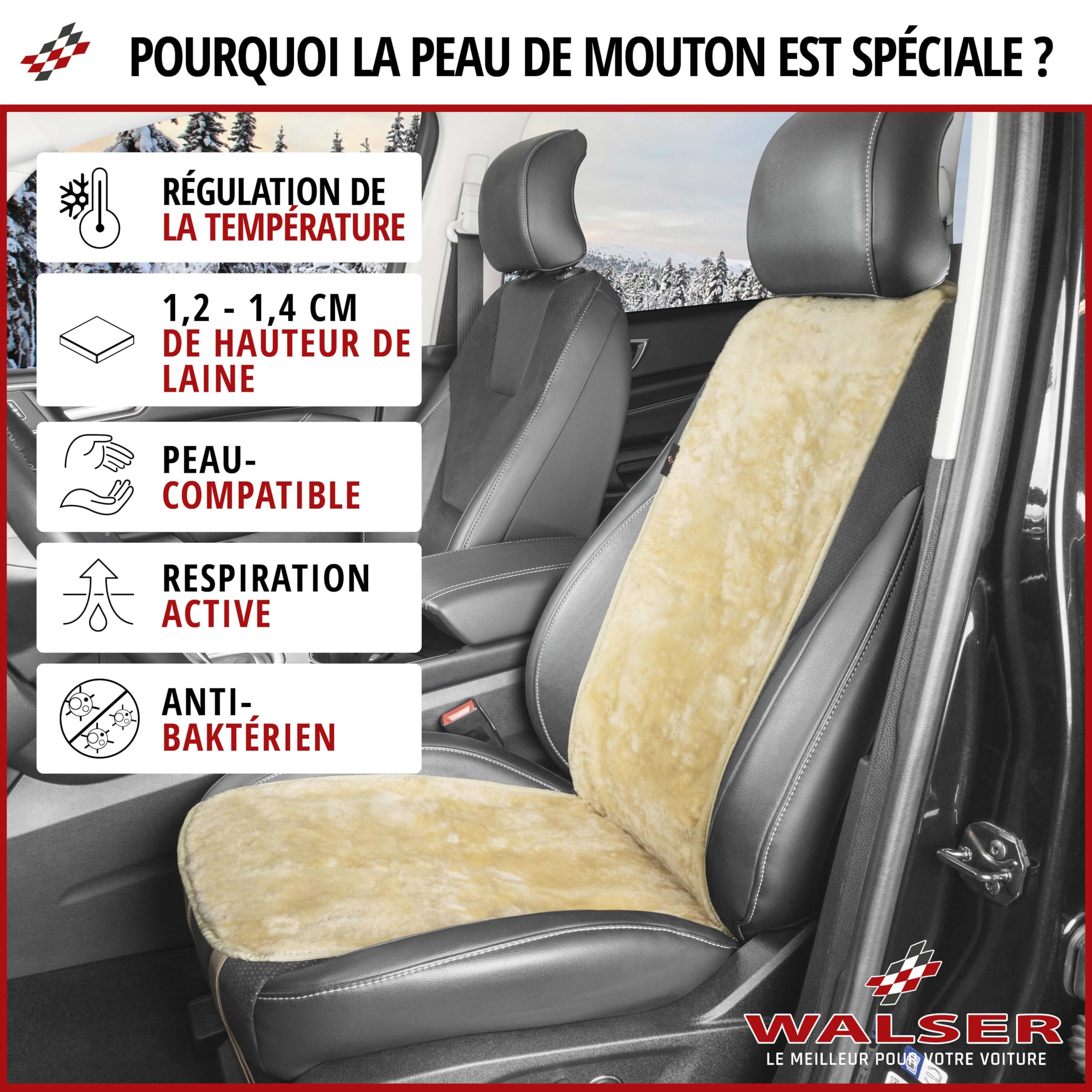 WALSER Protège-siège en peau d'agneau Cosmo, 100% peau d'agneau pour siège de voiture, housse de protection en fourrure noir