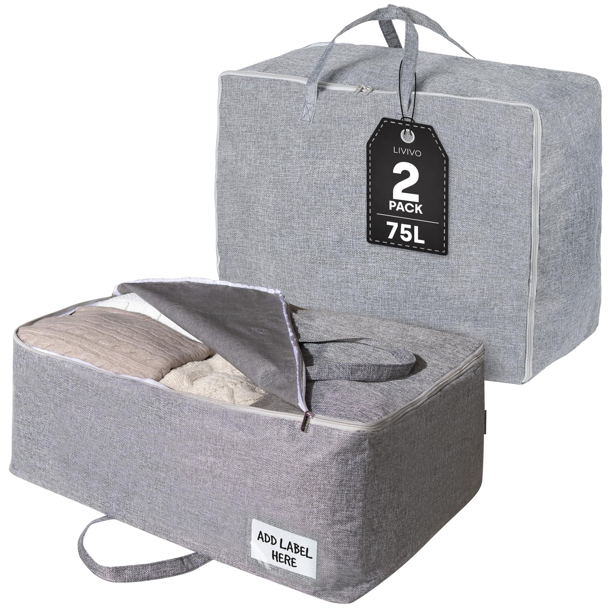 Livivo Grey 75L Storage Bags Set Of 2 Clothes Duvet Storage Bags With Handles Underbed Foldable Storage Solution In