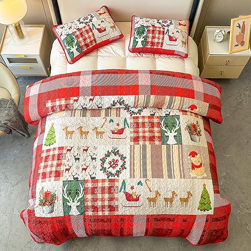 Miniatura 4 de Juego de edredón de Navidad, tamaño Queen, diseño de árbol de Navidad, copos de nieve, reno, retazos, juego de colcha de 3 piezas, reversible,