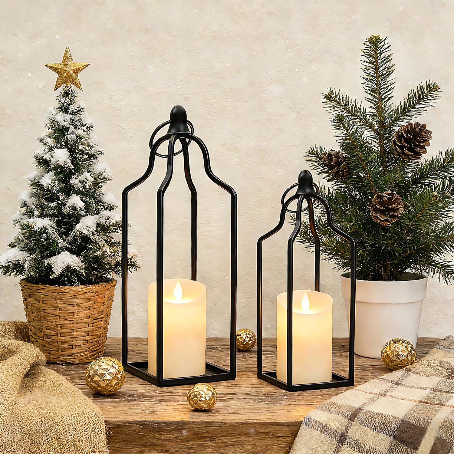 Rustic Farmhouse Decor Metal Lantern Set of 2 Decorative Lanterns for Home Indoor Outdoor Living Room, Fireplace, Patio, Wedding & Kitchen Table Centerpieces (Black, 14.5" 12.2")