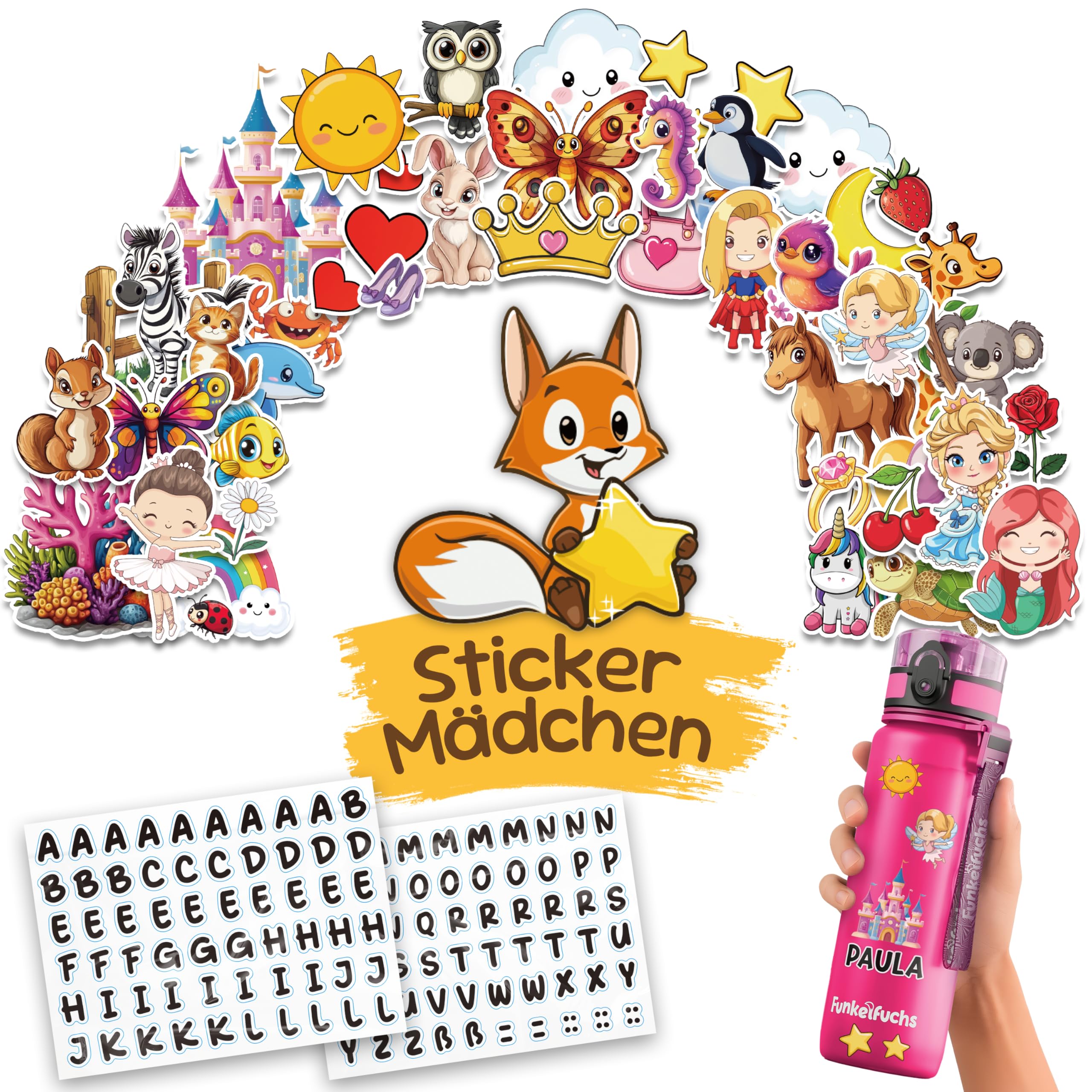 Funkelfuchs Sticker Set Mädchen - Spülmaschinengeeignet - Personalisierung Buchstaben - Klebeetiketten Kinder, Namenssticker - Sticker Namen personalisiert - Aufkleber Namen - Namenssticker