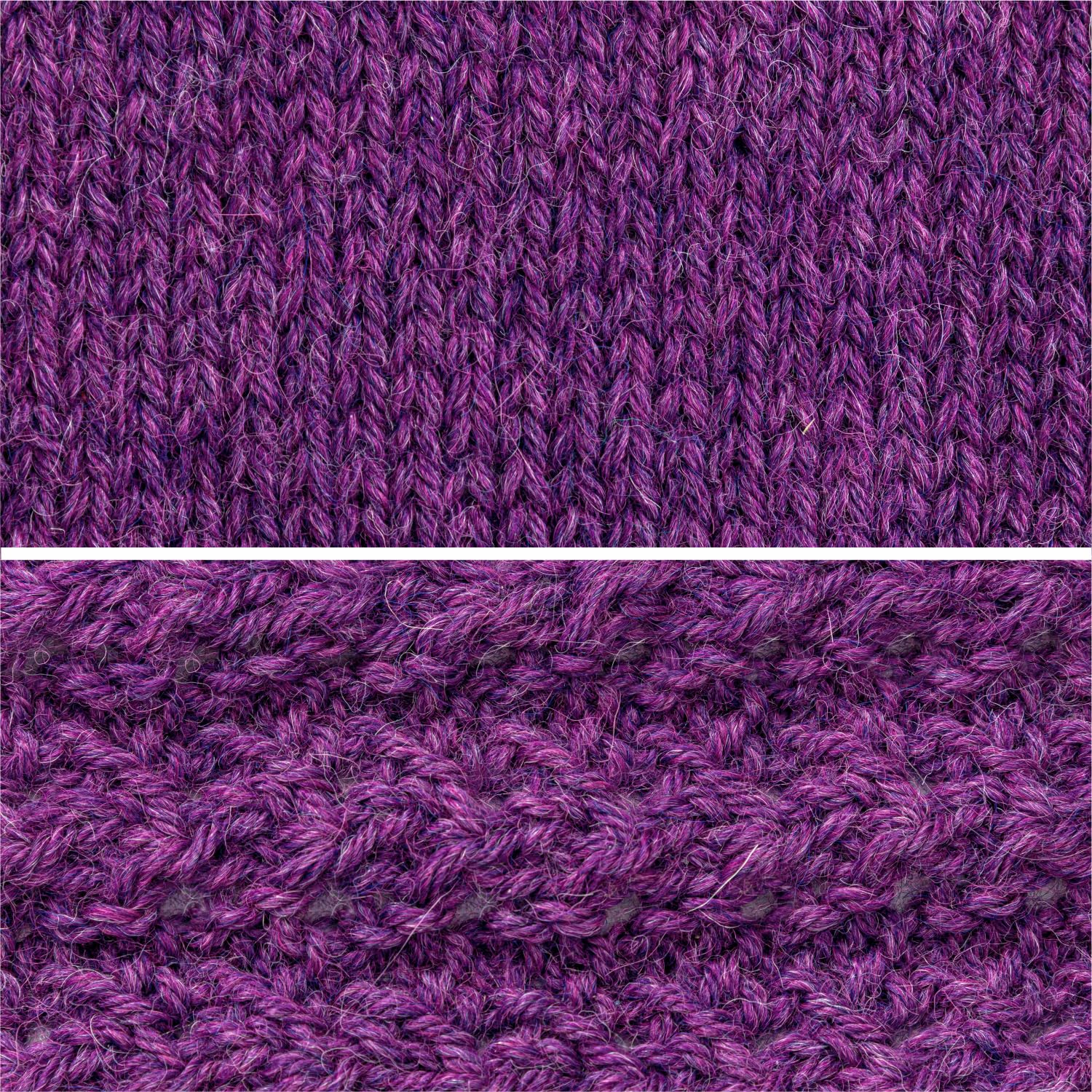 Nahaufnahme der Baby Alpaka Wolle in Lila Heather, die ihre feine Textur und das sanfte Glänzen zeigt.