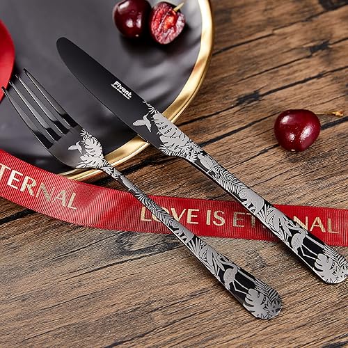 Miniatura 3 de Fivent Juego de cubiertos Jungle Black - 20 piezas incluye 8 cucharas 8 tenedores 4 cuchillos acero inoxidable apto para lavavajillas vajilla pulida