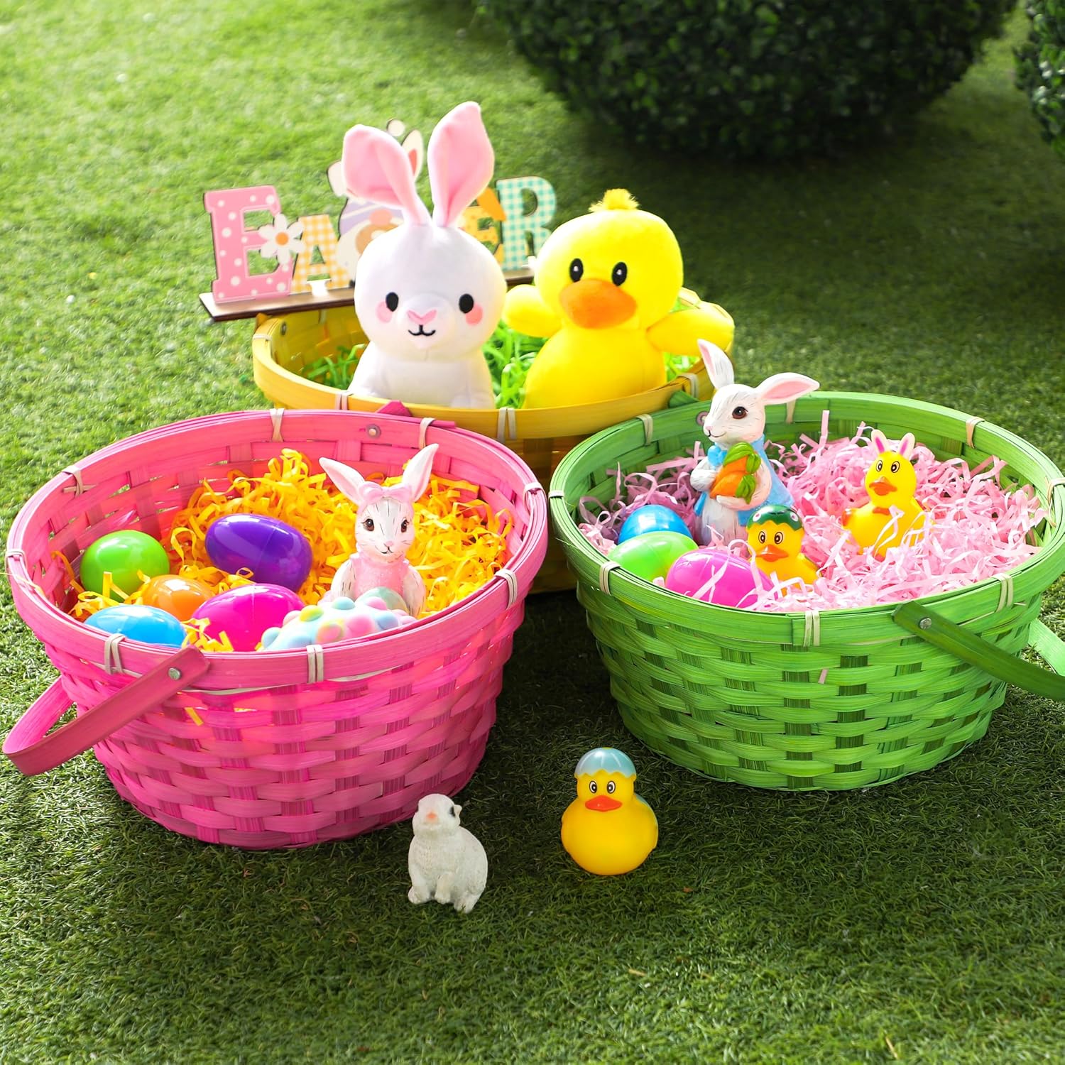 JOYIN 3 PCS Easter Bamboo Baskets with Handle and 3 Colors Grass Paper Shreds, Empty Gift Basket for Easter Egg Hunt, Kids Party Supplies, Filling with Candy & Party Favors (Yellow, Pink, Green)