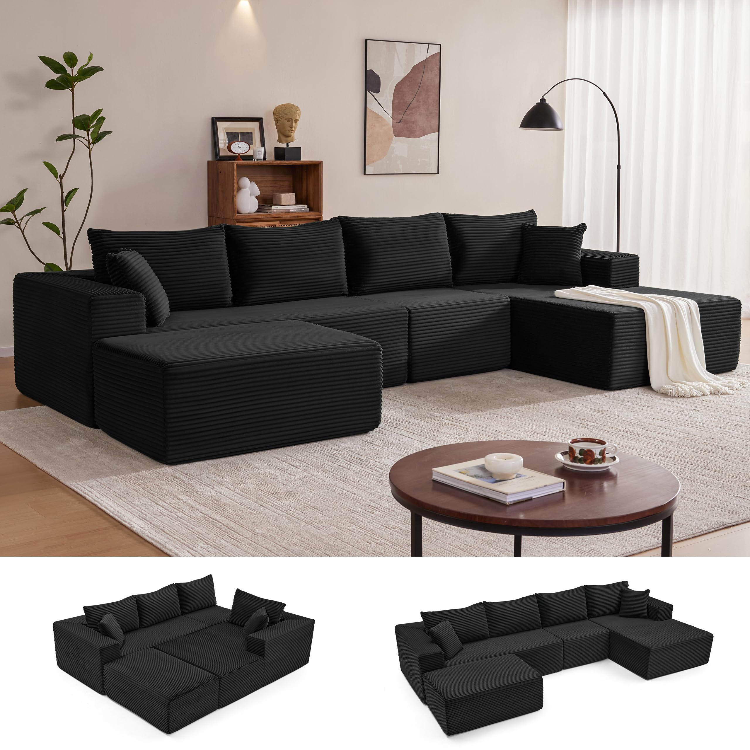 Mangodan 140” Cloud Sectional Couch, Boneless Sofa for Living Room, Modular Sectional Sofa with Deep Seat, Comfy Fluffy U-Shaped Couch with Right-Facing Chaise, No Assembly Required, Black