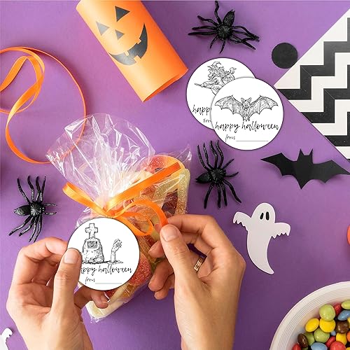 Miniatura 7 de 40 etiquetas redondas de Halloween, 4 estilos de calavera y sombrero de mago, etiqueta adhesiva de 2 pulgadas redondas para envoltura de Halloween,