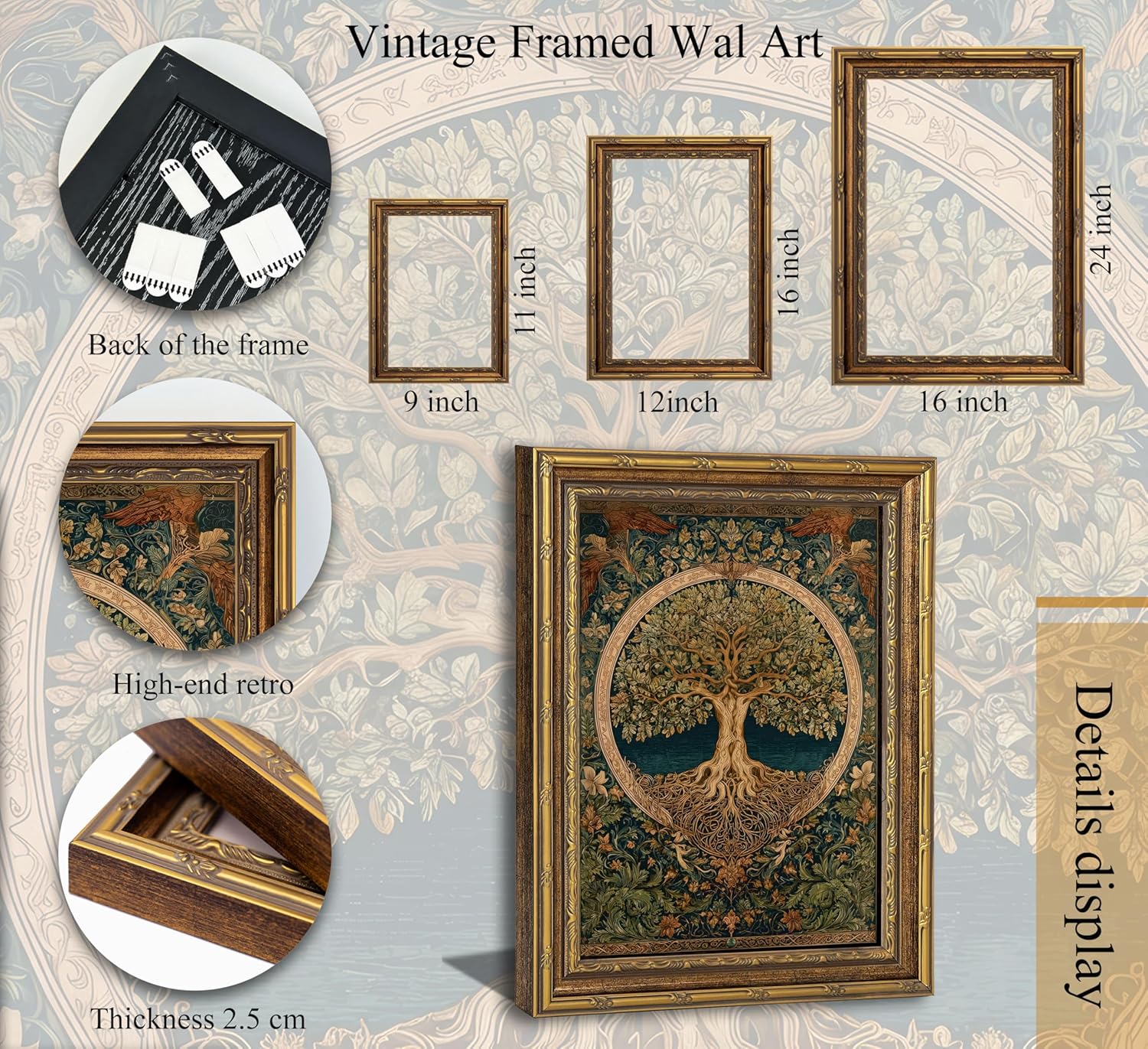 Vintage Gold Framed Wall Art Tree of Life Posters Prints Retro Abstract Tree Canvas Wall Decor for living room Bathroom Bedroom Office Hallway Painting Pictures 12x16 Inches