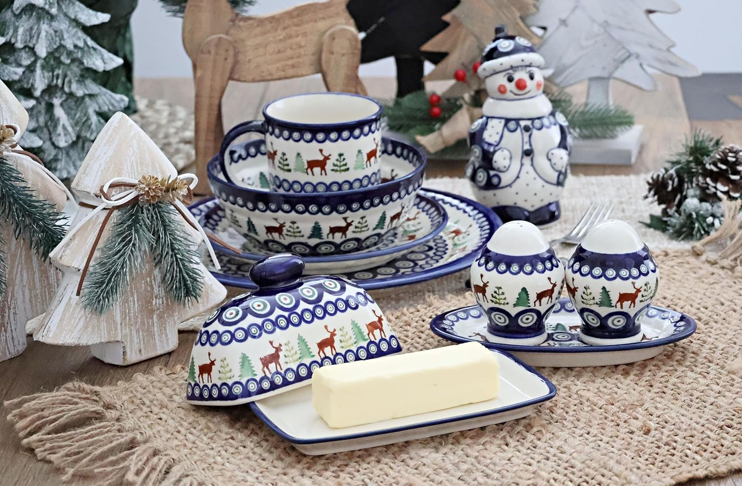 Blue Rose Polish Pottery - Blue Kalina Salt & Pepper Shakers with Plate - 7.5" Tall - Hand-Painted Ceramic Seasoning Set for Table & Kitchen