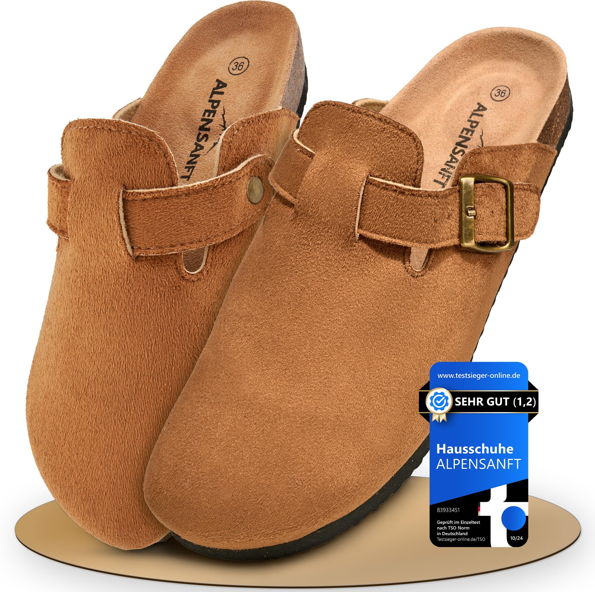 Alpensanft Damen Herren Clogs Hausschuhe mit Riemen Wildleder Braun Korksohle Unisex (36-45) Gepolsterte Echtledersohle