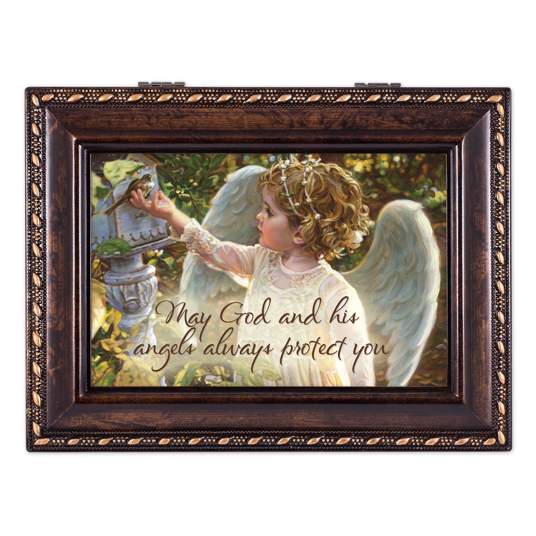 Cottage Garden May God and His Angels Burlwood Rope Trim Jewelry Music Box Plays Amazing Grace