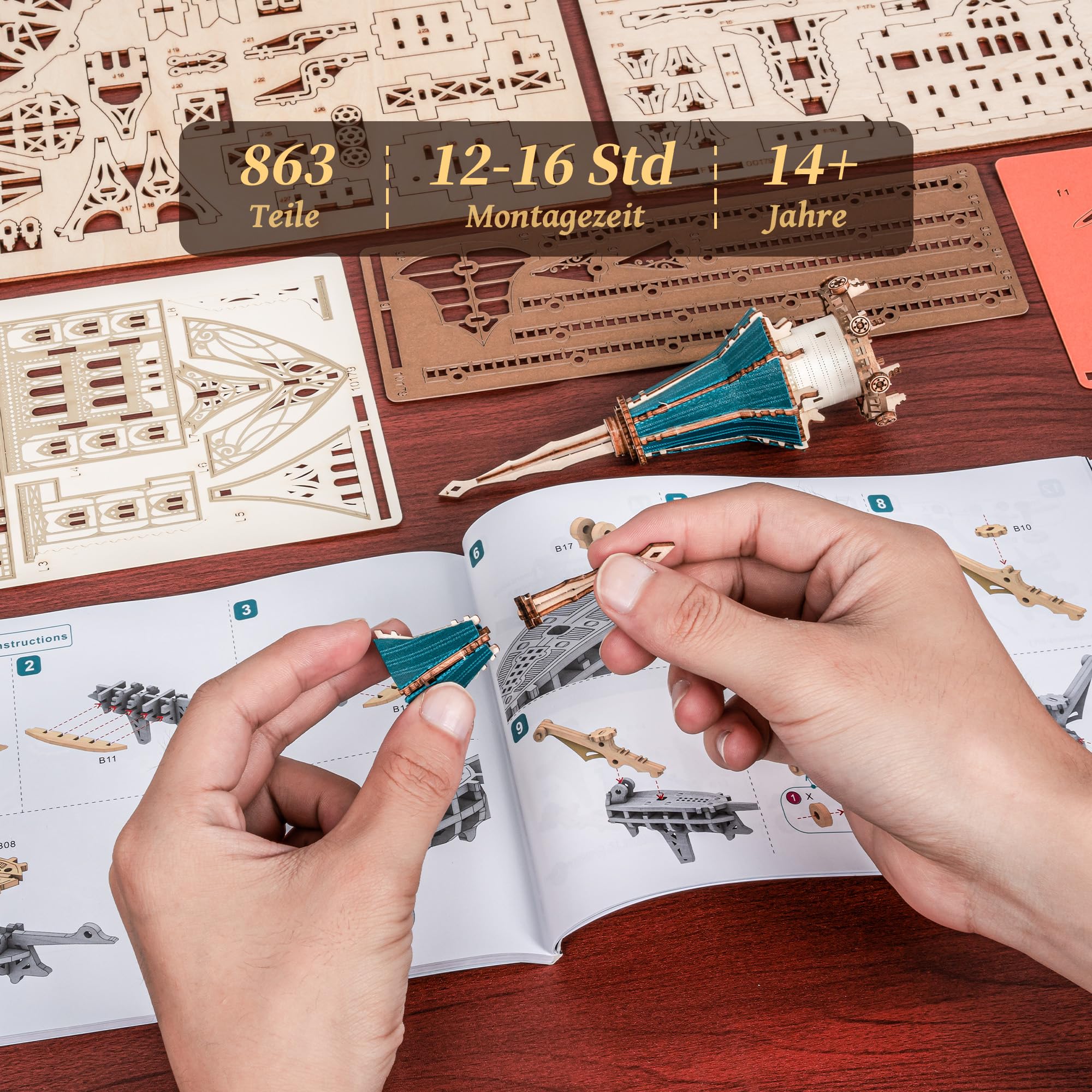 FUNPOLA 3D Holzpuzzle Dampf-Schloss Modell – Steampunk Barock Schwebendes Schloss DIY Bausatz mit mechanischen Zahnrädern, einzigartiges Geschenk für Erwachsene und Jugendliche