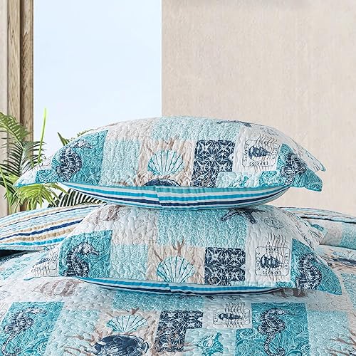 Vista 56 de NEWLAKE Juego de colcha de algodón, juego de colcha reversible de retazos, estampado real clásico turquesa, tamaño Queen Turquesa Clásico