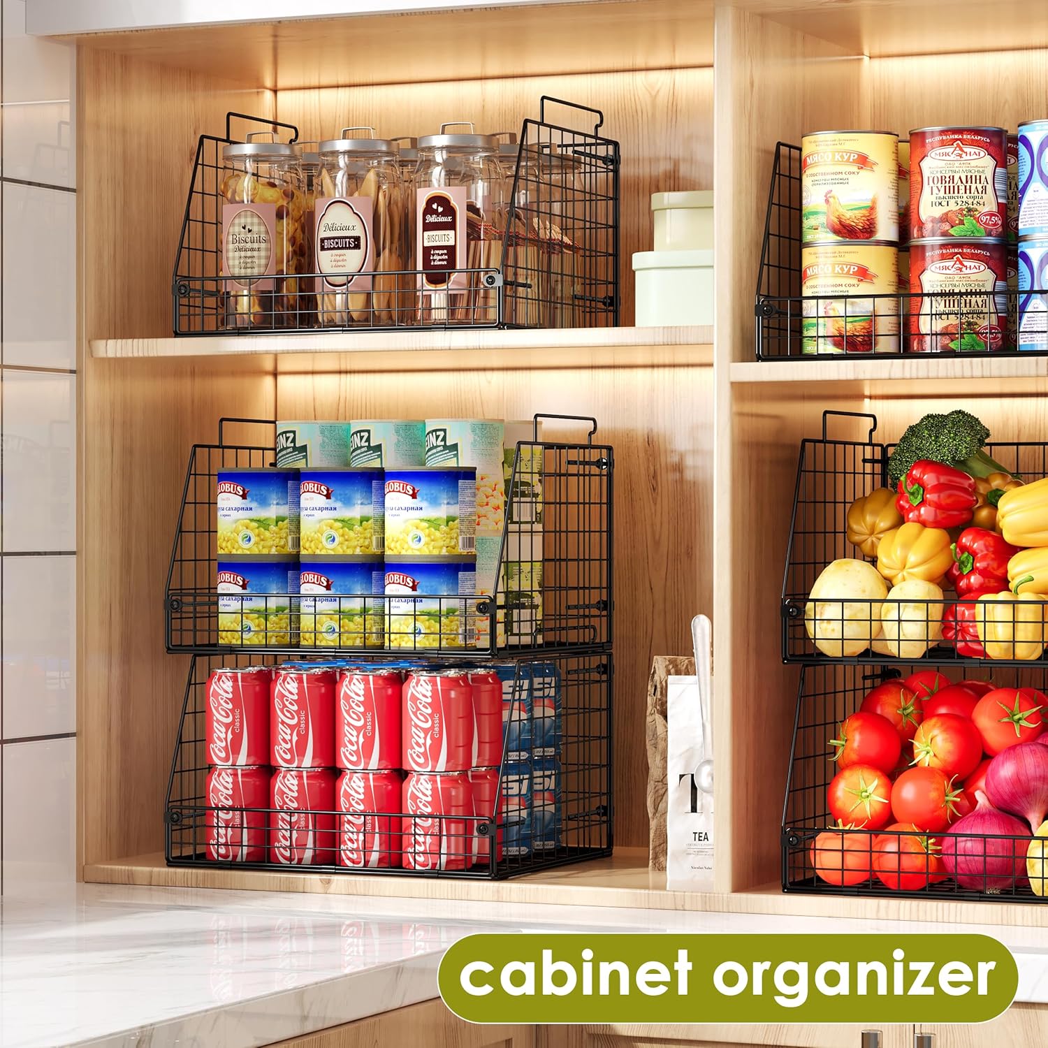 Stackable Wire Baskets for Pantry,6 Pank Metal Pantry Organizer Storage Bins for Kitchen Snack, Fruit, Potato, Onion & Vegetable Storage, Wire Baskets for Pantry Organization - Image 6