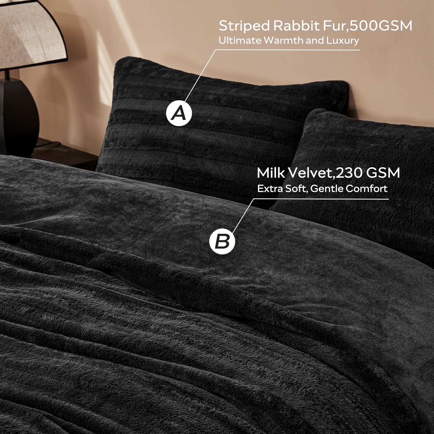 JELLYMONI Plush Duvet Cover Set - Queen Size Black Striped Fuzzy Comforter Cover 3pcs Bedding Set Luxury Ultra Soft Faux Fur Duvet Cover & 2 Pillowcases (NO Comforter) - Image 4