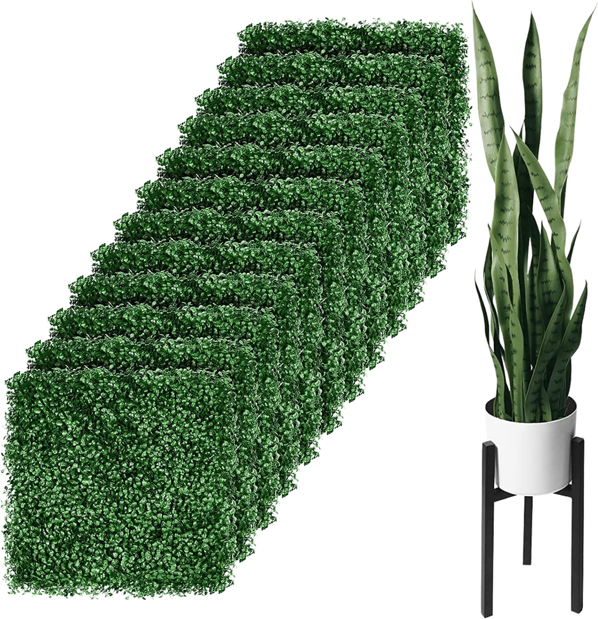 flybold12 Pack 38" x 20" Green Modern Rustic Blend Artificial Boxwood Hedge Wall Panels with 28 Tall Leaves & White Pot & Black Stand