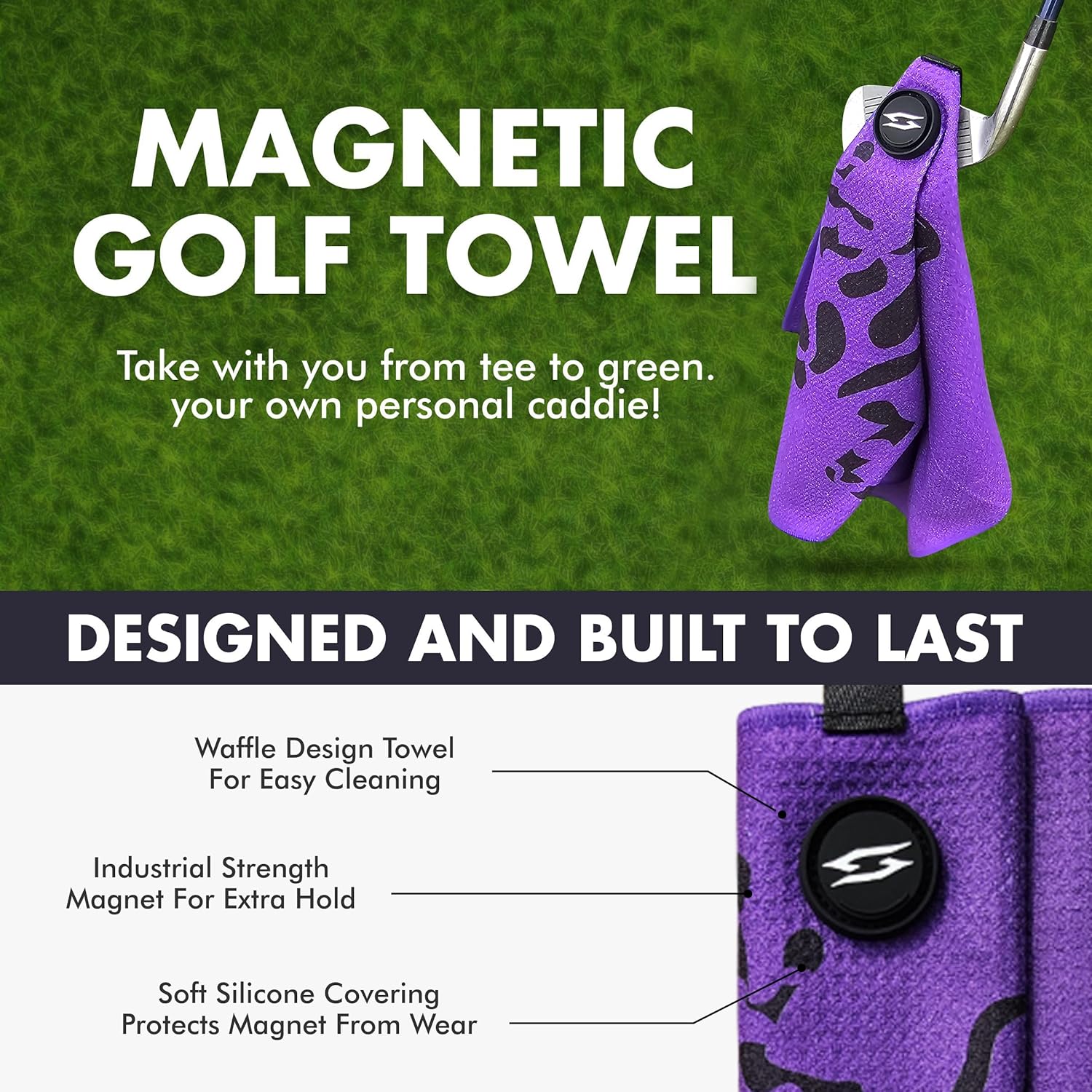 Magnetic Microfiber Waffle Frog Golf Towel – Large 16"x24" Clean Golf Club Ball Magnet Clip Hang Bag Cart Strong Premium Strength Ultra Absorbent Gear Purple Men (Rippit Purple) - Image 3