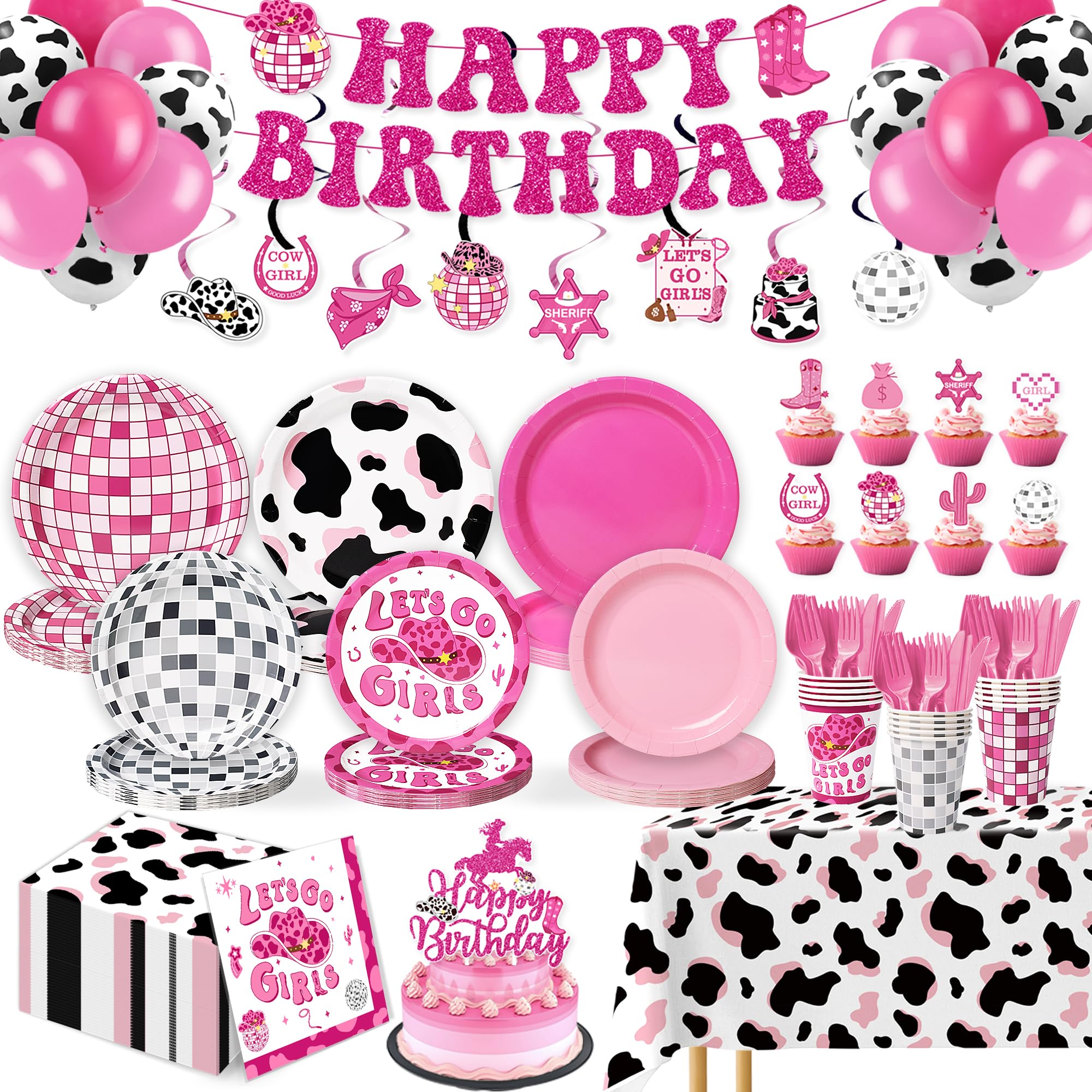 Photo 1 of ***Photo and description for reference purposes only*** Decorations for Cowgirl-Themed Birthday Parties — Western Disco Style Party Kit with Banner, Balloons, and Tablecloth.