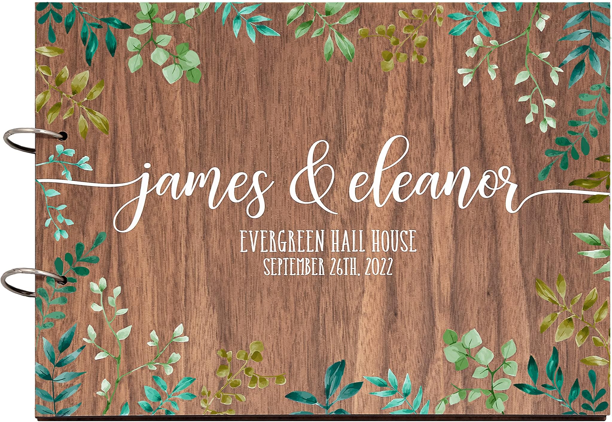 Green leaves personalised wedding day guestbook | wooden guest books the for reception | alternative rustic wood albums | blank paper card sign guests | message customised album | plain book