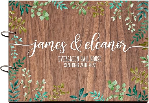 Green leaves personalised wedding day guestbook | wooden guest books the for reception | alternative rustic wood albums | blank paper card sign guests | message customised album | plain book