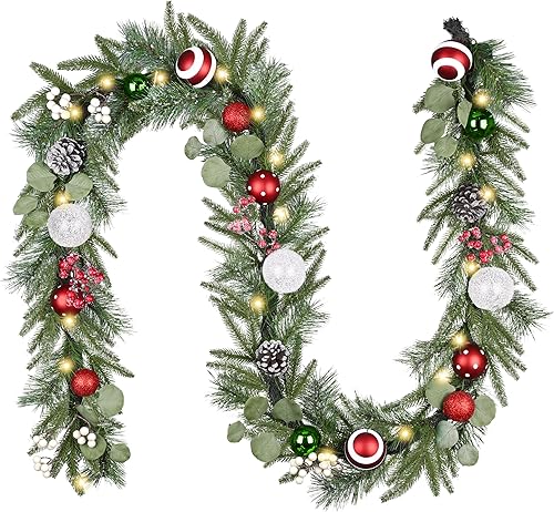 Miniatura 8 de Valery Madelyn - Guirnalda de Navidad de 2,7 m con luces preiluminadas para manto, guirnalda iluminada para exteriores de Navidad con bolas rojas y