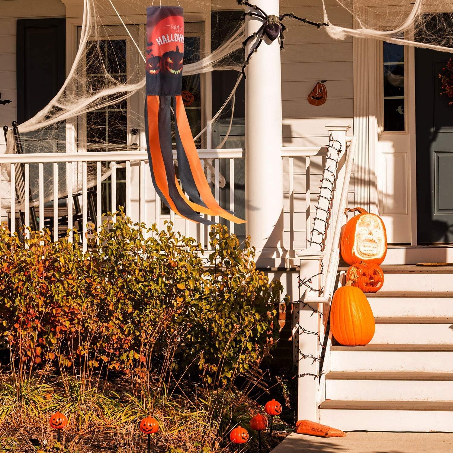 Frienda 2 Pack Halloween Pumpkin Windsock Flag with Warm Yellow LED Lights Outdoor Happy Halloween Hanging Decor for Yard Patio Garden Pathway Party Decoration