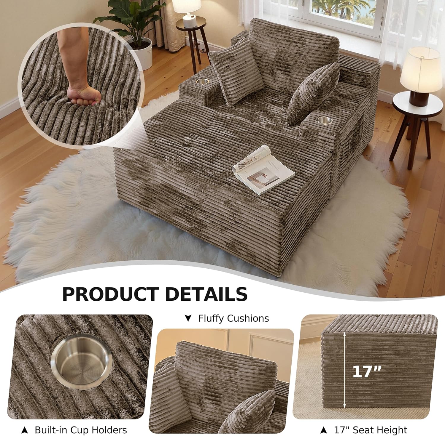 66" Chaise Lounge Chair Indoor,Oversized Boneless Single Sleeeper Couch Bed,Corduroy Cloud Sofa with 3 Soft Pillows for Livingroom,Bedroom,No Assembly,(Khaki)