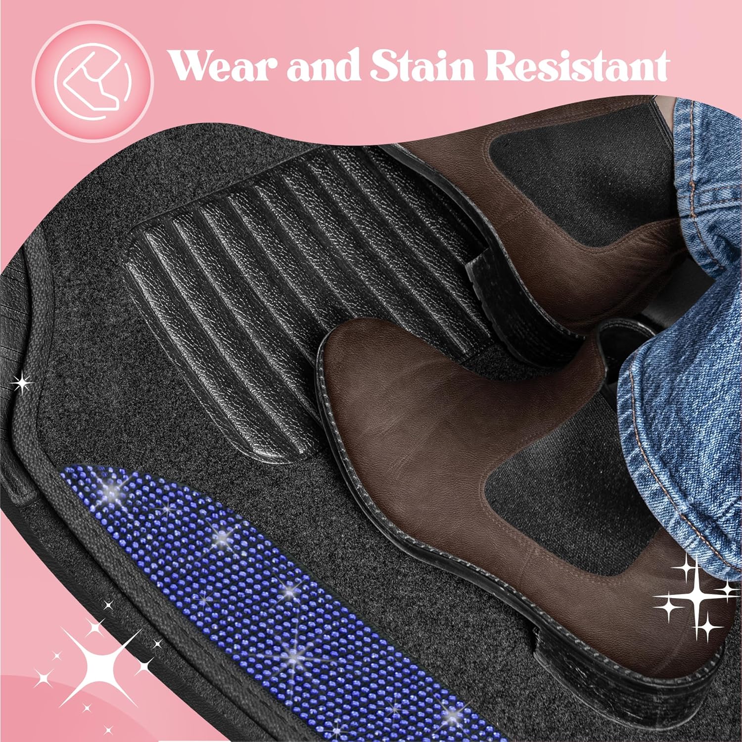 Carbella Diamond Bling Car Mats 4-Piece Set, Shiny Rhinestone Crystal Carpet Car Floor Mats, Two-Tone Floor Mats for Cars, Cute Automotive Interior Car Accessories for Women (Blue)