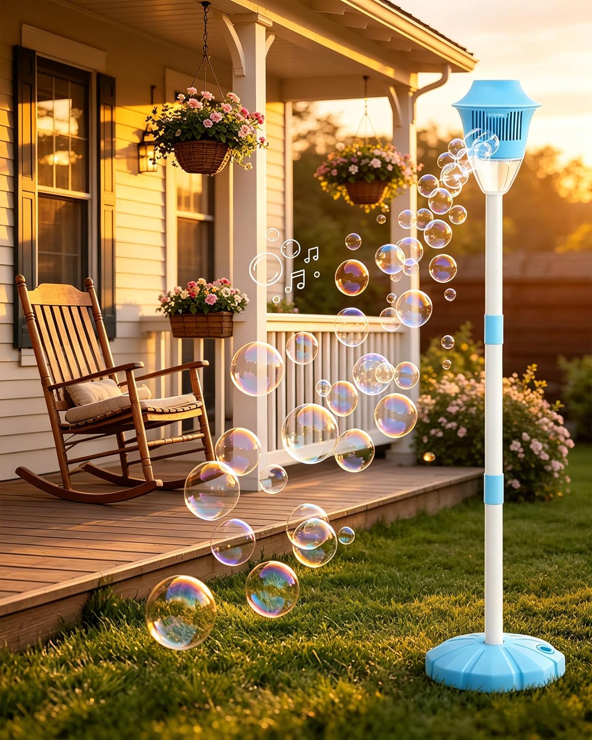 Stand Up Bubble Machine, Street Lamp Bubble Machine with Lights & Music – Detachable Extension Tube up to 47" for Backyard, Festival, Birthday & Celebration(Blue)