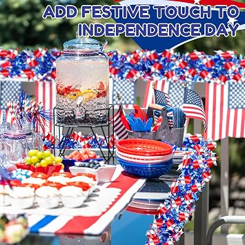 66FT 4th of July Patriotic Tinsel Garland, Red White Striped Star Tinsel Garland Patriotic Ornaments for Memorial Day Independence Day Indoor Outdoor Home Party Decor