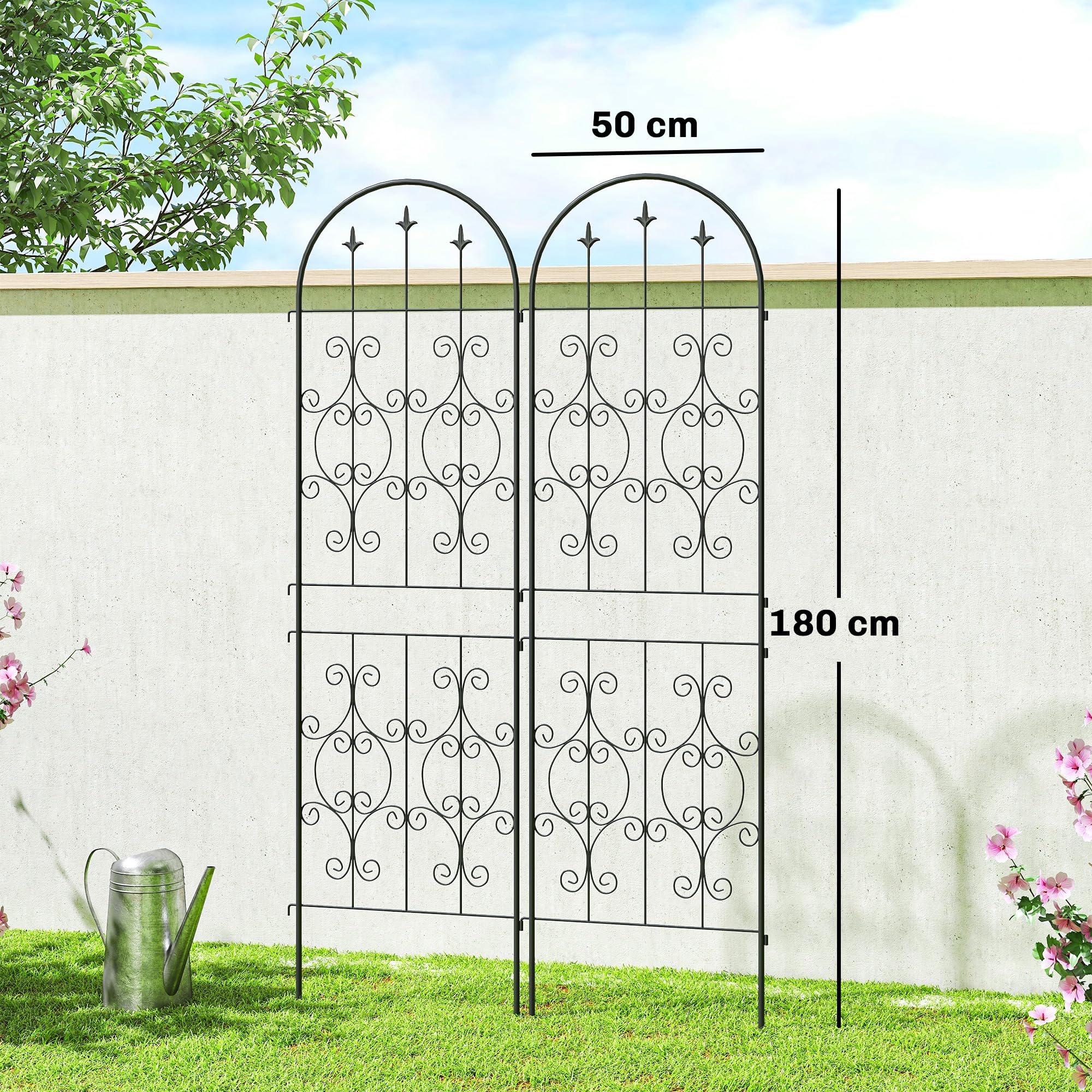 Outsunny Lot de 2 Supports pour Plantes Grimpantes Motif Volute 50x180cm | Treillis de Jardin en Métal, pour Légumes, Vignes, Fleurs, Noir