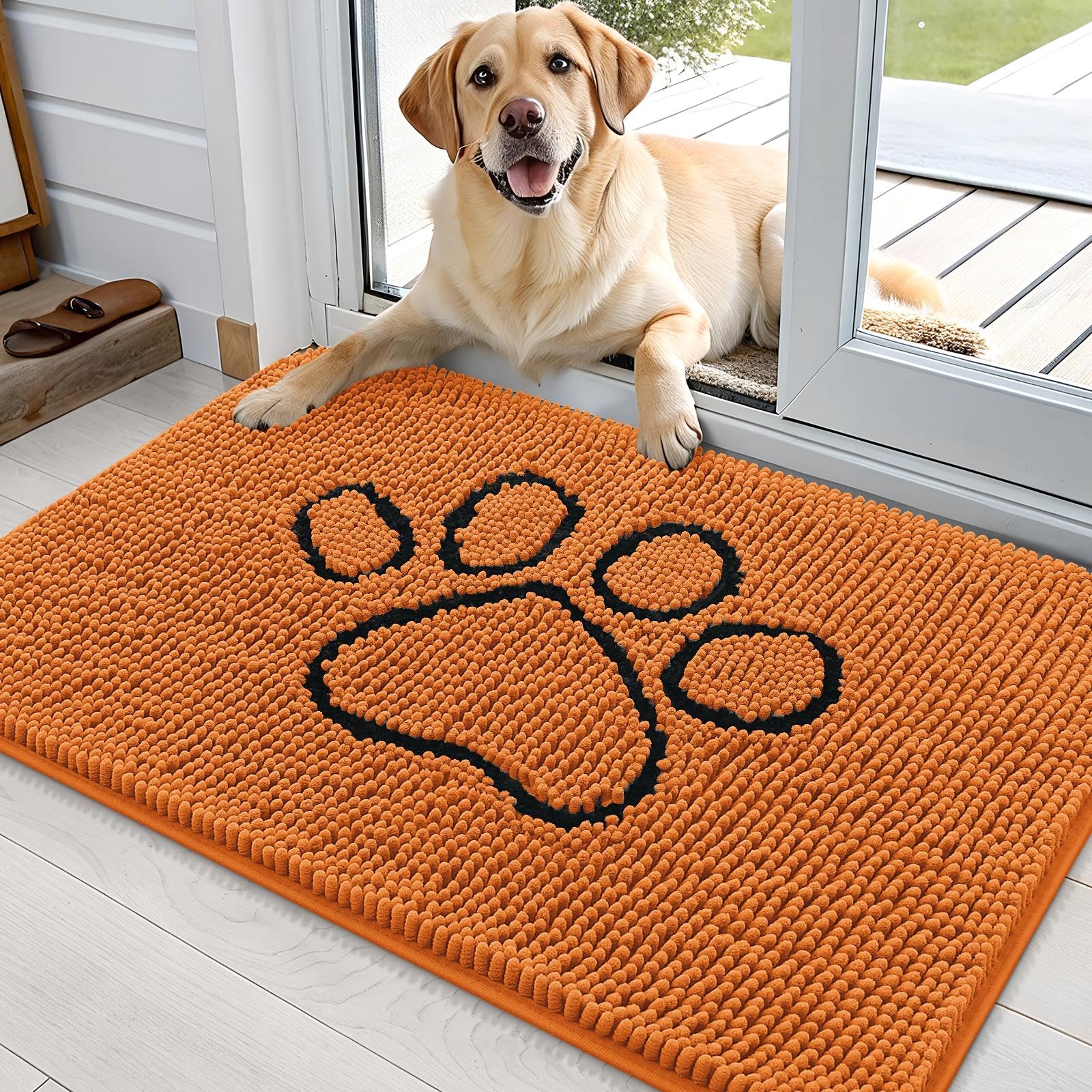 OLANLY Dog Door Mat for Muddy Paws 36x24, Paw Print Design Chenille Mud Mat