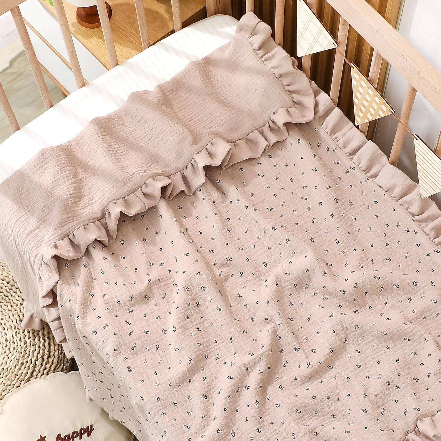 Muslin Toddler Blanket 43"x43" - 100% Cotton Super Soft Crib Blanket for Baby Boys & Girls, Infant & Toddler,Lightweight Nursing Cover & Breathable Stroller Blanket,Floral Design (Brown)
