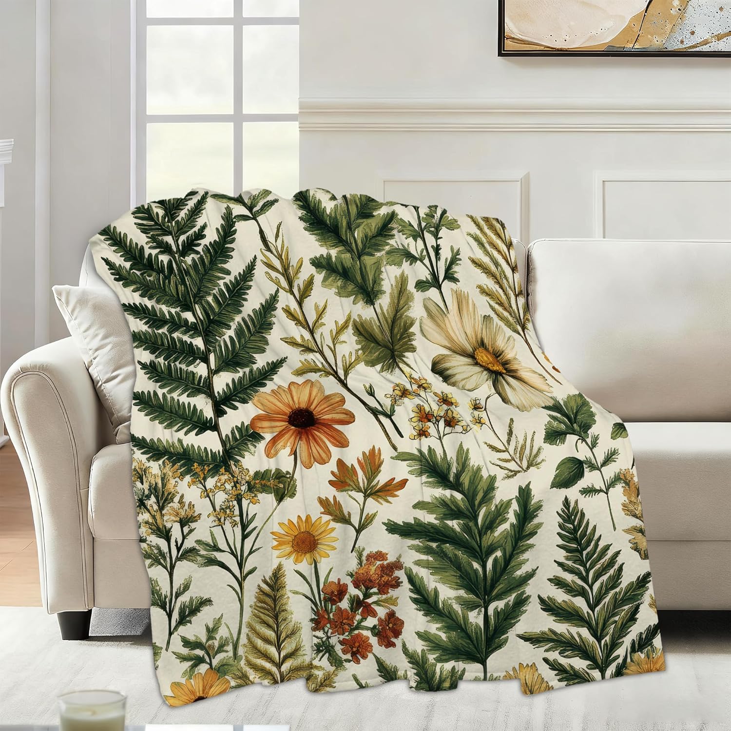 Rustic Herb Leaf Throw Blanket for Couch Home Decoration,Wildflower Cozy Fluffy Blanket,Decorative Flannel Fleece Fall Throw for Sofa Living Room Travel,Camping,Naps,Reading50 X 60 Inch
