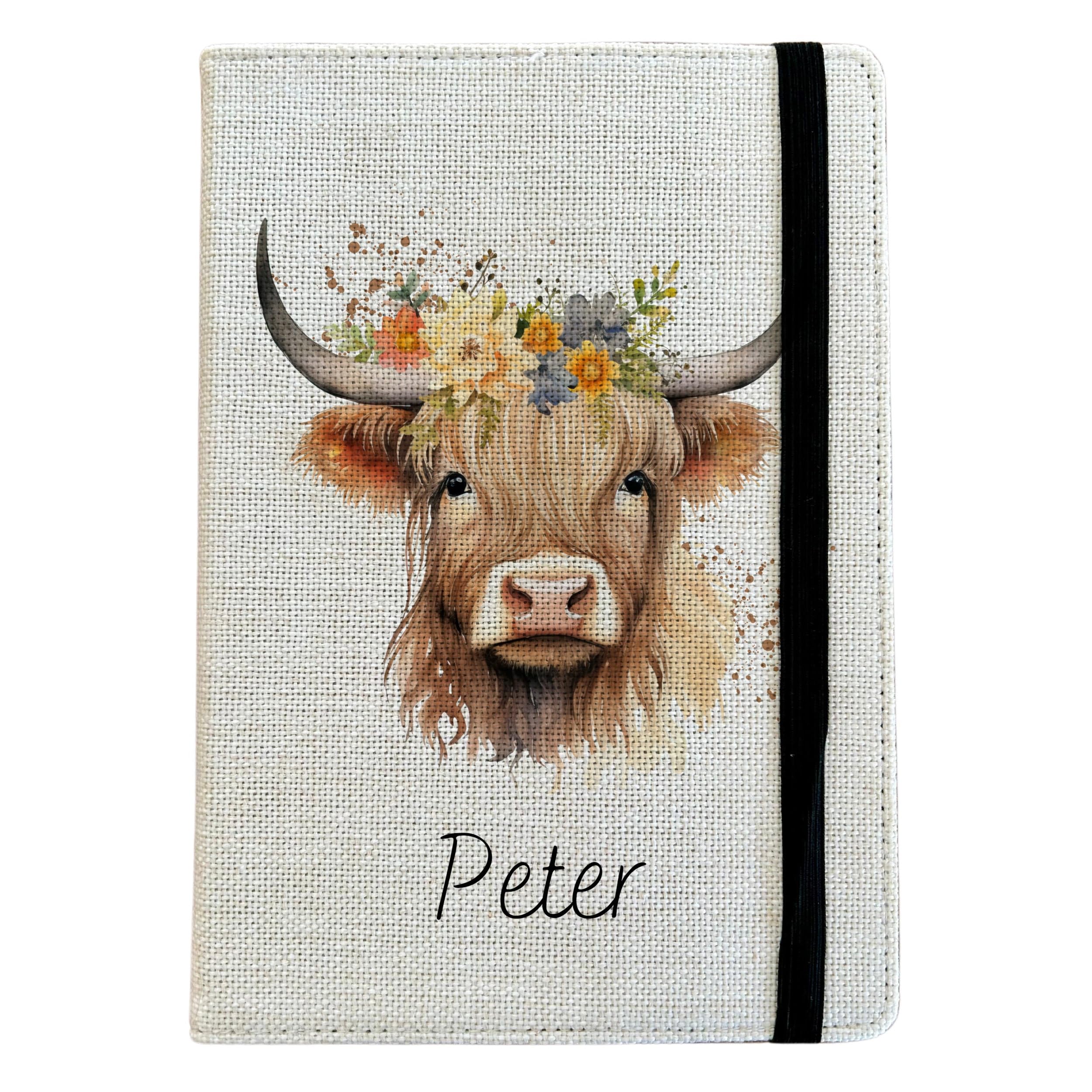 Personalised Highland Cow A5 Notebook - Custom Farm Animal Lined Journal - Reusable Wildlife Notebook Cover - Linen Hardback Journal Cover