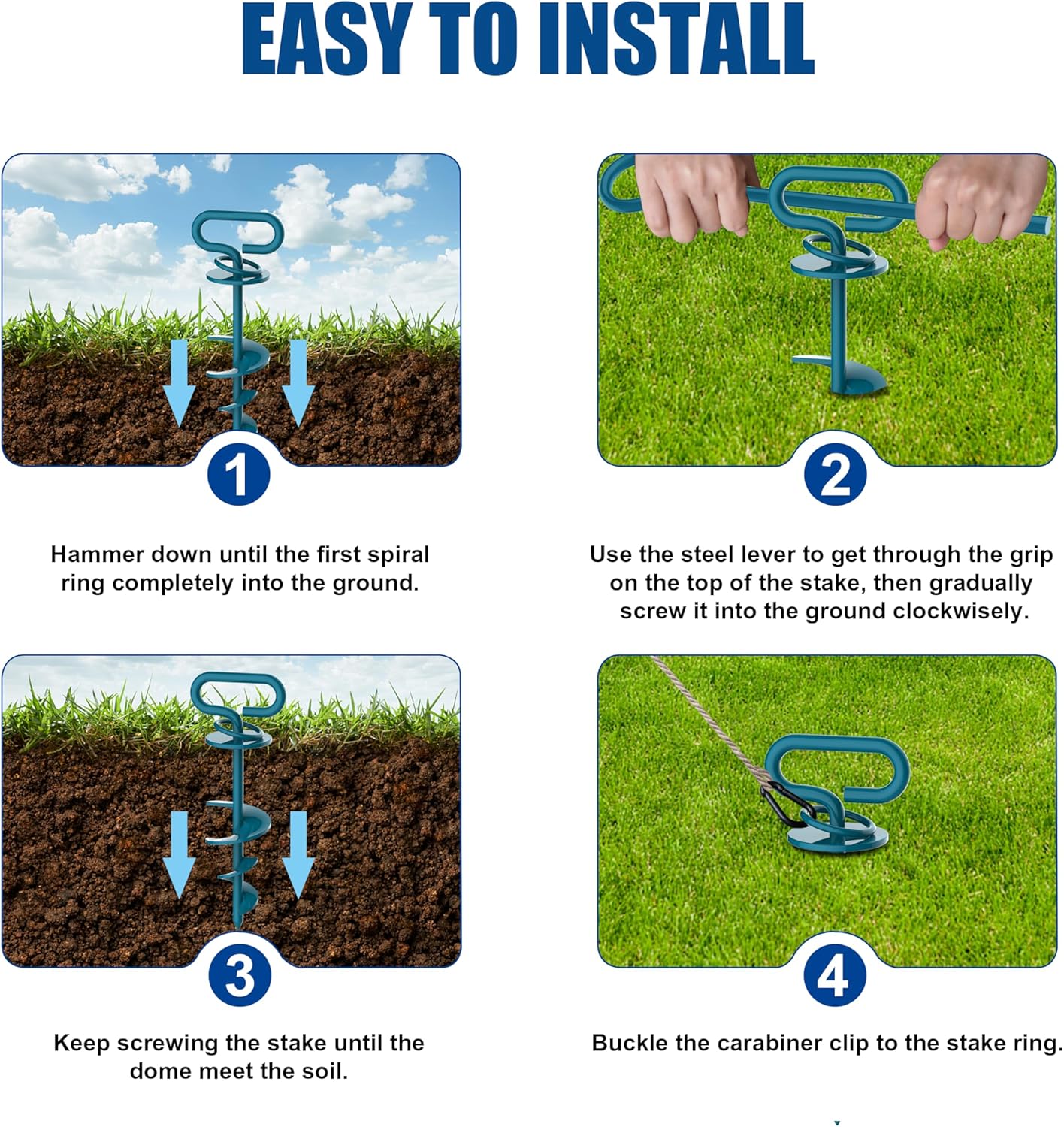 Eurmax USA Dog Tie Out Stake Triple Lock Heavy Duty Dog Anchor for Large Dogs Trampoline Stakes Dog for Yard and Outdoor Dog Runner Install & Travel Kit Included,2-Pack(Navy Blue)