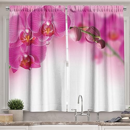 Ambesonne Cortinas de cocina de spa, rama de orquídea floreciente, naturaleza exótica con elementos de Feng Shui, spa, jardín, botánica, juego de 2