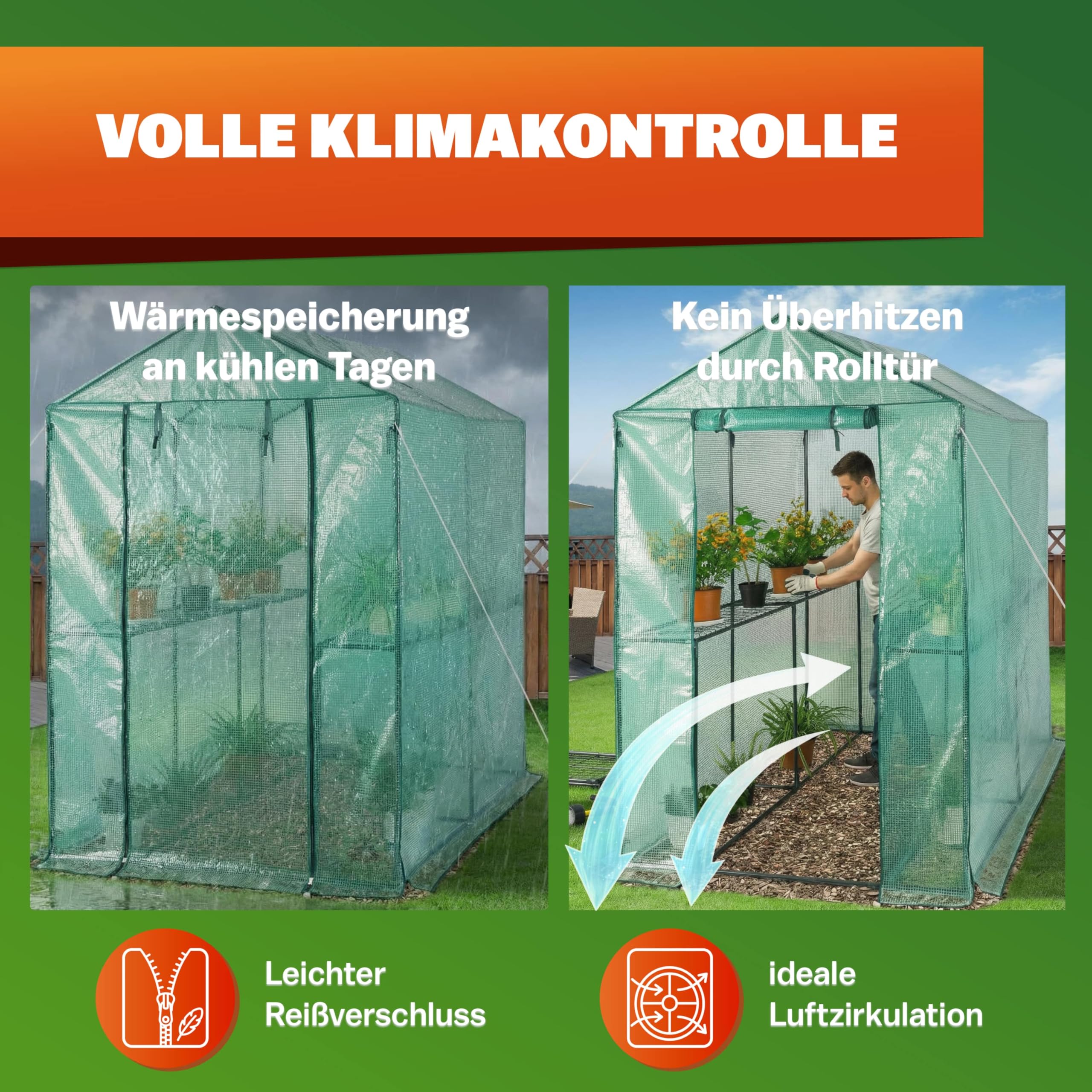 Gardebruk® Gewächshaus 190x186x120 cm Tomatengewächshaus Begehbar mit 4 Ablagen Foliengewächshaus Treibhaus mit Aufrollbarer Tür für Garten & Balkon Stabil, UV-beständig, Grün