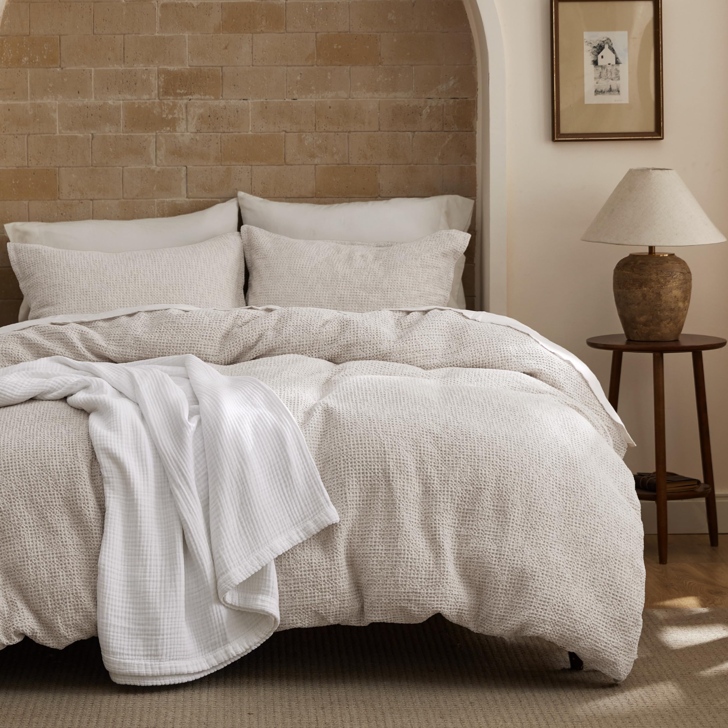 Photo 1 of Bedsure Waffle Duvet Cover Queen - Pure Cotton Duvet Cover Linen Color, Space-Dyed for Enhanced Bedroom Aesthetics, PureWoven and Stylish All-Season, 3-Piece Bedding Set with Button Closure, 90"x90"