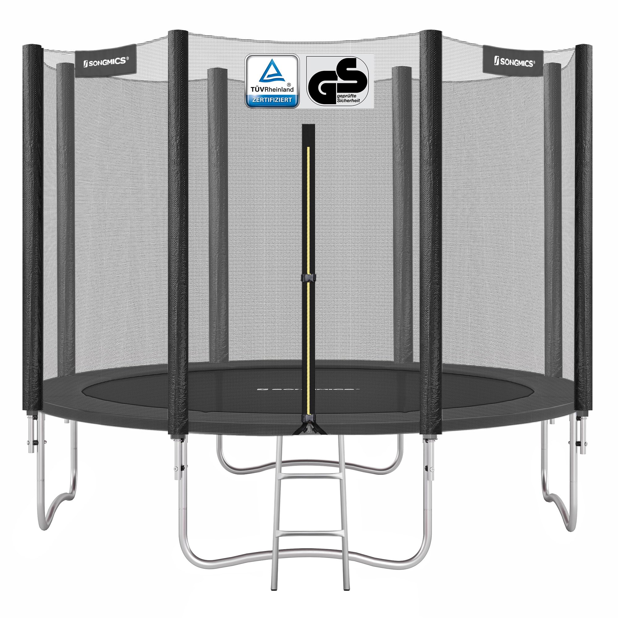 SONGMICS Trampoline 10 ft, 305 cm Dia. Kids Trampoline with Enclosure Net, Safety Pad, Ladder, 180 cm High Straight Pole, Steel Frame, Black STR101BZ01