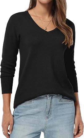 QUALFORT Womens Long Sleeve Sweater Cotton Tunic Lightweight V Neck Soft | Soft Cotton Blend Fabric Not Scratchy Side Slits Casual Lounge Pullovers Rib Cuffs Hem Loose Fit Tops Machine Wash