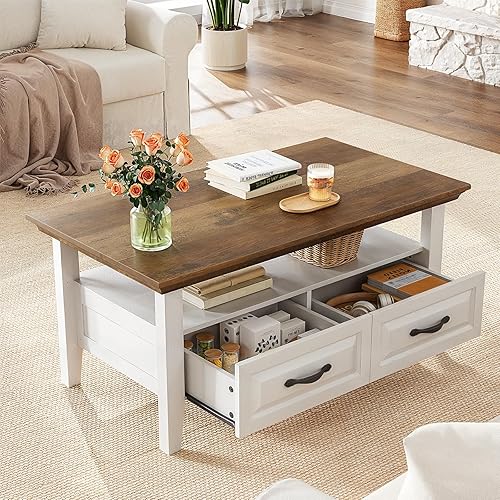 Miniatura 2 de Marsail Mesa de centro de granja con almacenamiento, mesa de centro de madera de 39.4 pulgadas para sala de estar, mesa central rústica con 2