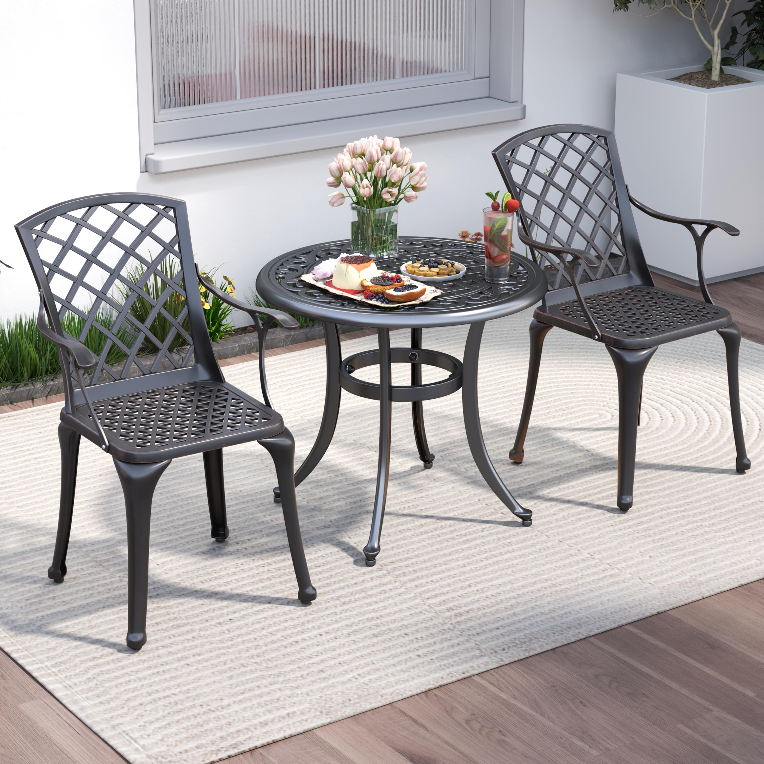 GOPLUS Juego de 2 Sillas de Jardín, Sillas de Comedor Aluminio Fundido Resistentes a la Intemperie, Respaldo y Reposabrazos, para Jardín, Patio, Balcón (Bronce)